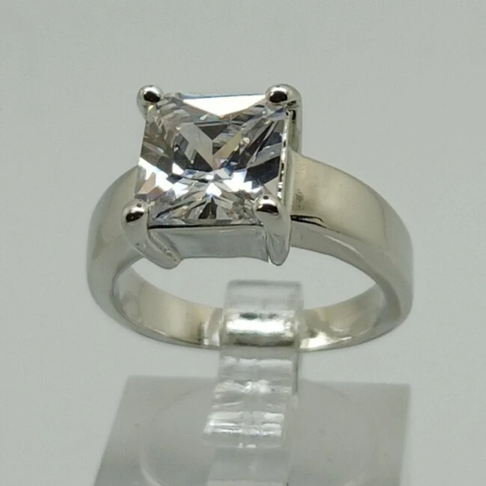 Vintage 90s Princess Cut Sim Diamond Solitaire Ring Silver Tone Wide Band Size 9